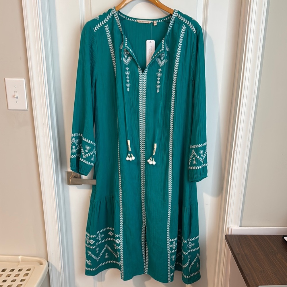 Soft Surroundings Teal Embroidered Long Sleeve Maxi Dress with Tassels